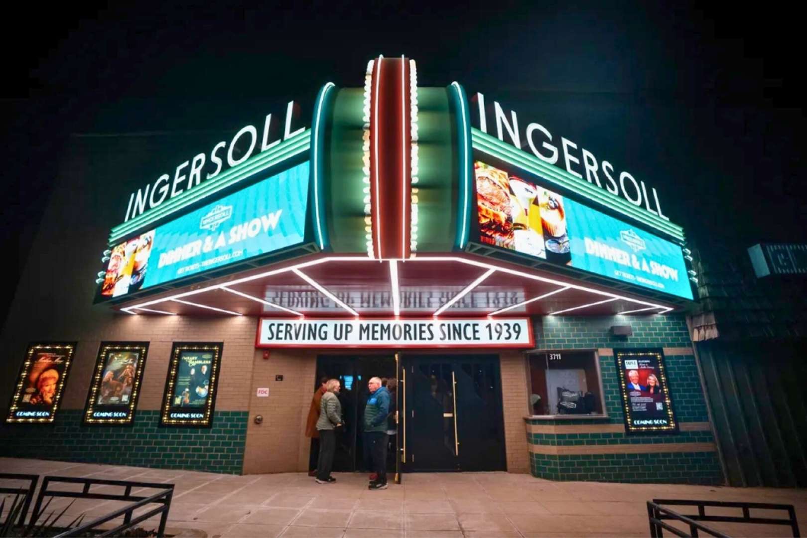 Photo of The newly renovated and illuminated Ingersoll marquee, and the front doors to the theater