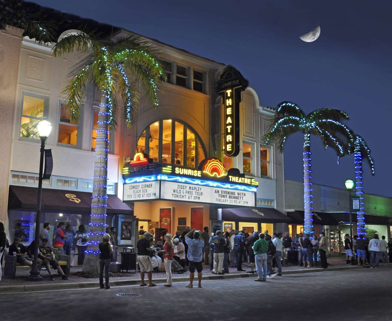 Photo of exterior shot of the sunrise theatre with marquee illuminated