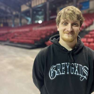 Carson Dalland in the empty Einhusen Arena at the Heartland Events Center