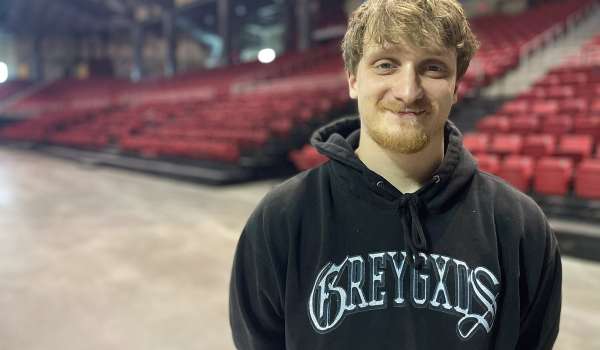 Carson Dalland in the empty Einhusen Arena at the Heartland Events Center