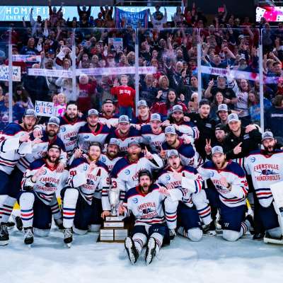 Evansville Thunderbolts team 2026 SPHL Champions pose with President's Cup