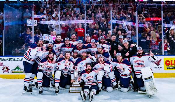 Evansville Thunderbolts team 2026 SPHL Champions pose with President's Cup