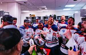 Thumbnail photo of Evansville Thunderbolts team 2026 SPHL Champions celebrate victory in locker room