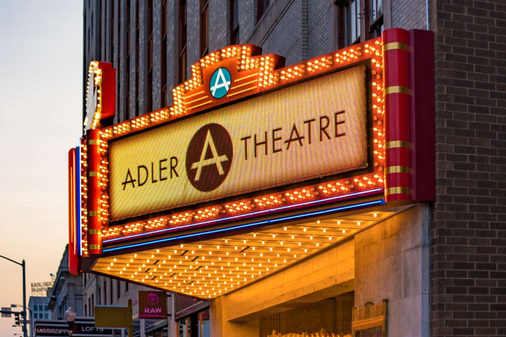 Photo of Adler Theater marquee lit up