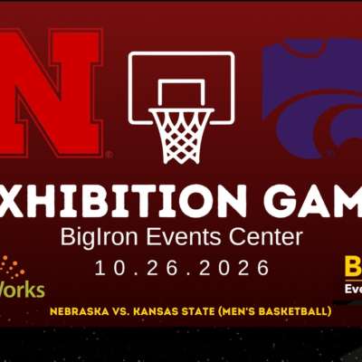 a graphic for the Nebraska huskers vs KSU exhibition basketball game at the BigIron Events Center on October 26th, 2026