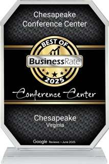 A photo of an award plaque for Chesapeake Conference Center from BusinessRate awarded as top conference center in Virginia in July 2025