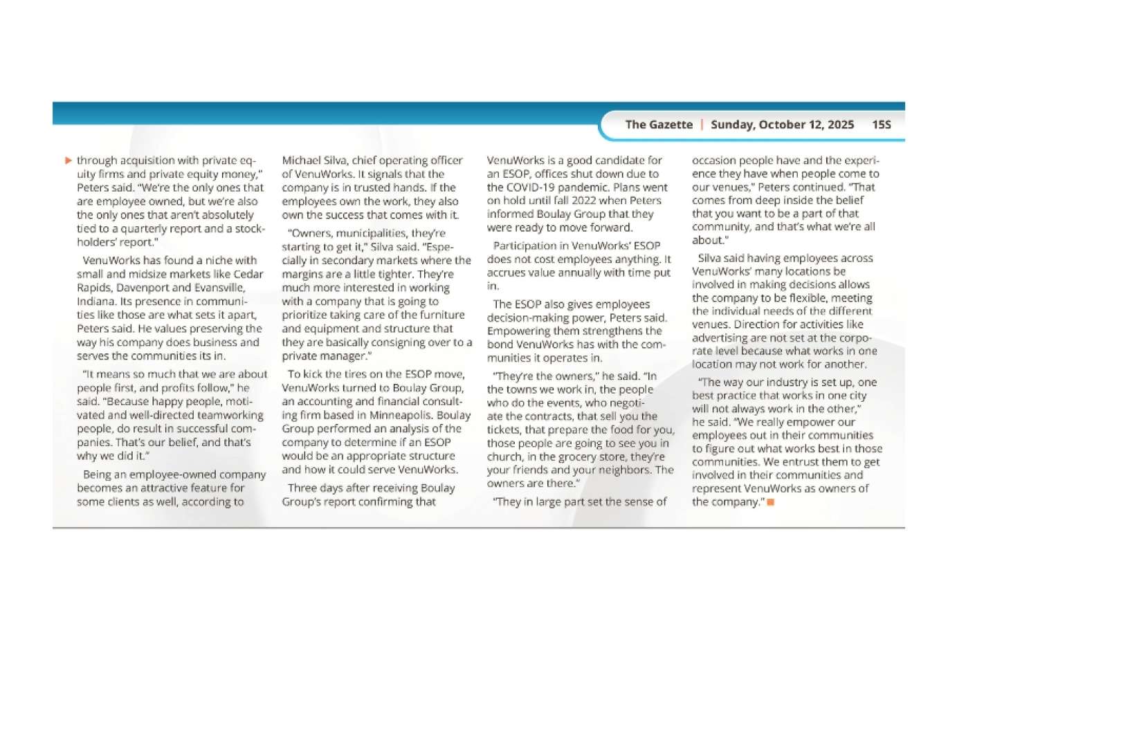 Photo of Screenshot of VenuWorks Article on ESOP in Gazette ESOPtober page 2