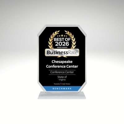 An image of an award plaque for best Conference Center from Business Rate, naming Chesapeake Conference Center the winner for 2026