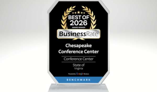 An image of an award plaque for best Conference Center from Business Rate, naming Chesapeake Conference Center the winner for 2026
