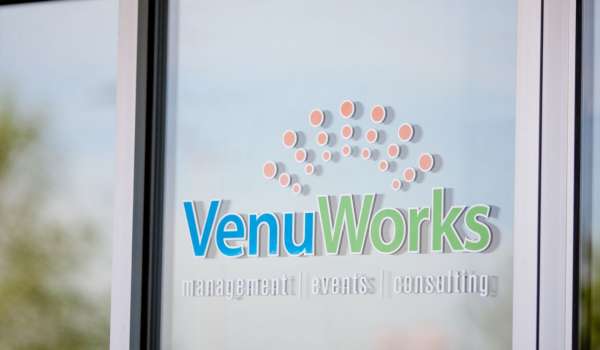 VenuWorks Logo on glass door