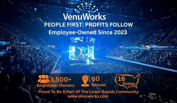 VenuWorks Advert in Gazette ESOPtober issue showing a full arena with text People First Profits Follow, Employee Owned Since 2023