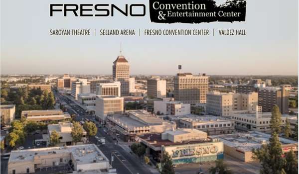 Exterior of the Fresno Convention and Entertainment Center, drone shot