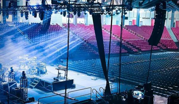 A photo of the Einhusen Arena at the Hearland Events Center, Stage lit
