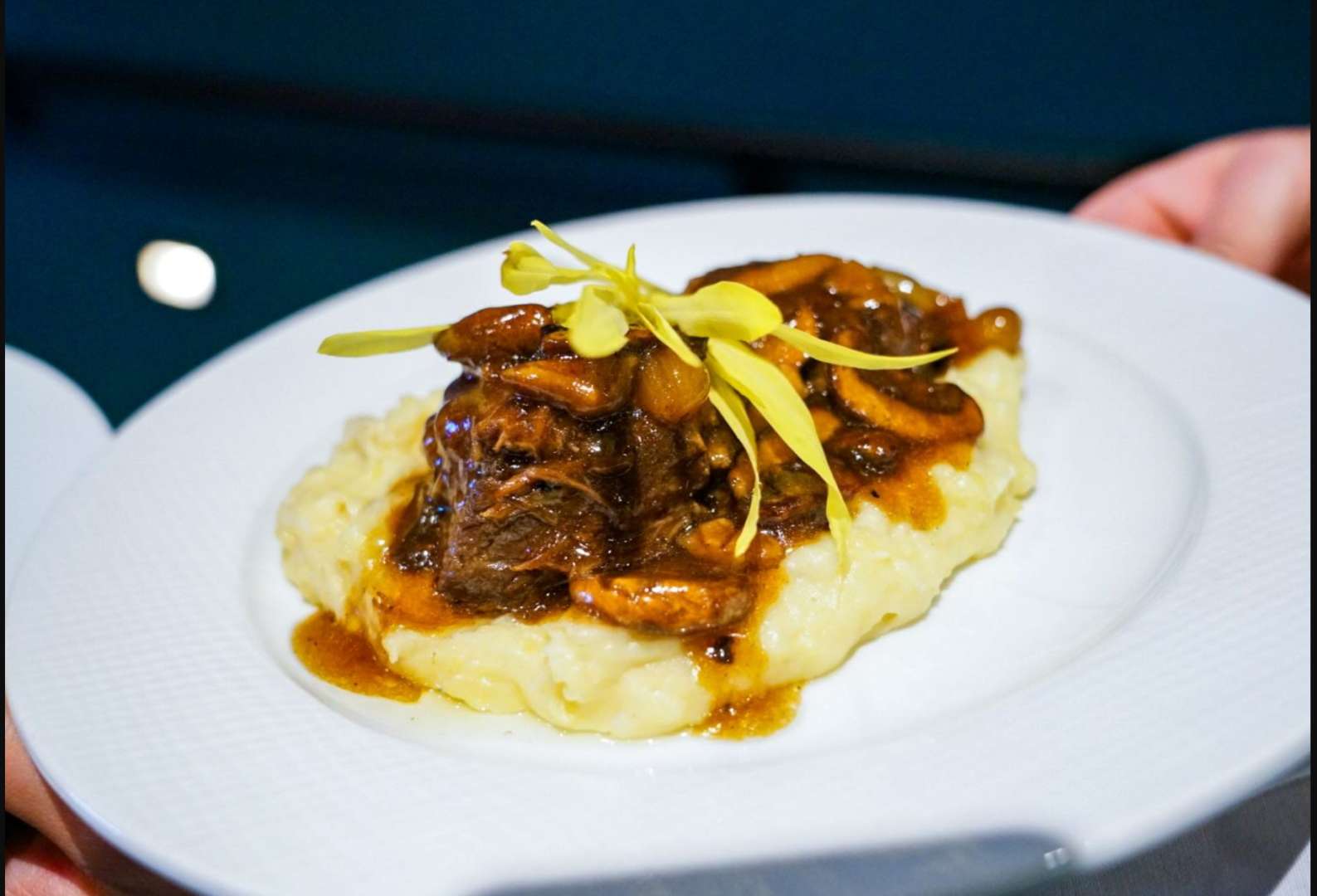 Photo of Beef short ribs over a bed of mashed potato on a white plate