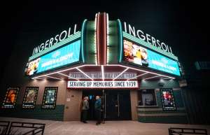 Thumbnail photo of Illuminated Ingersoll marguee and front doors of the theater