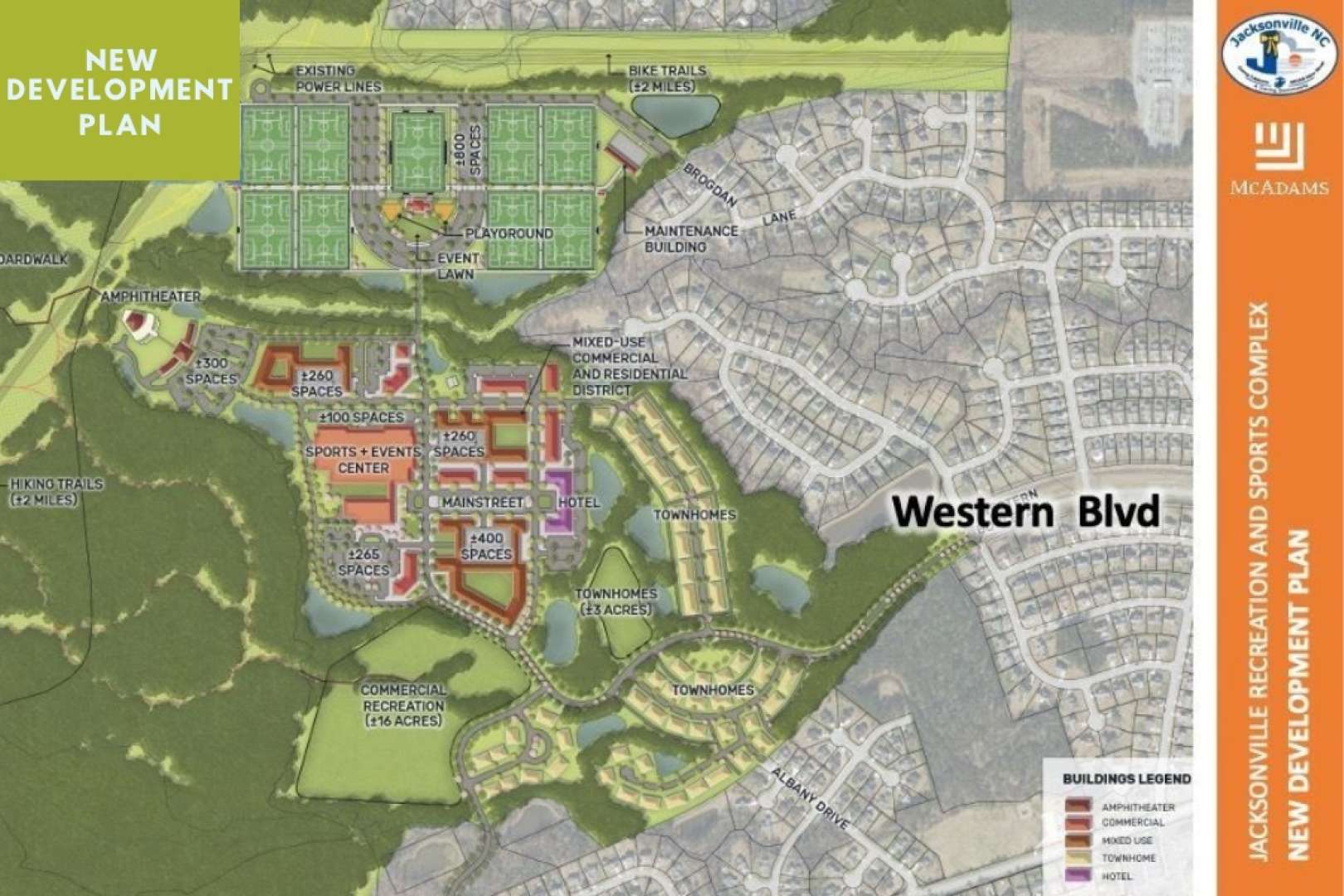 Photo of A site plan of the entire One City Center project in Jacksonville NC, showing playing fields , buildings, sports complex, housing development