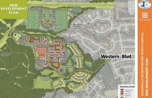 Thumbnail photo of A site plan of the entire One City Center project in Jacksonville NC, showing playing fields , buildings, sports complex, housing development