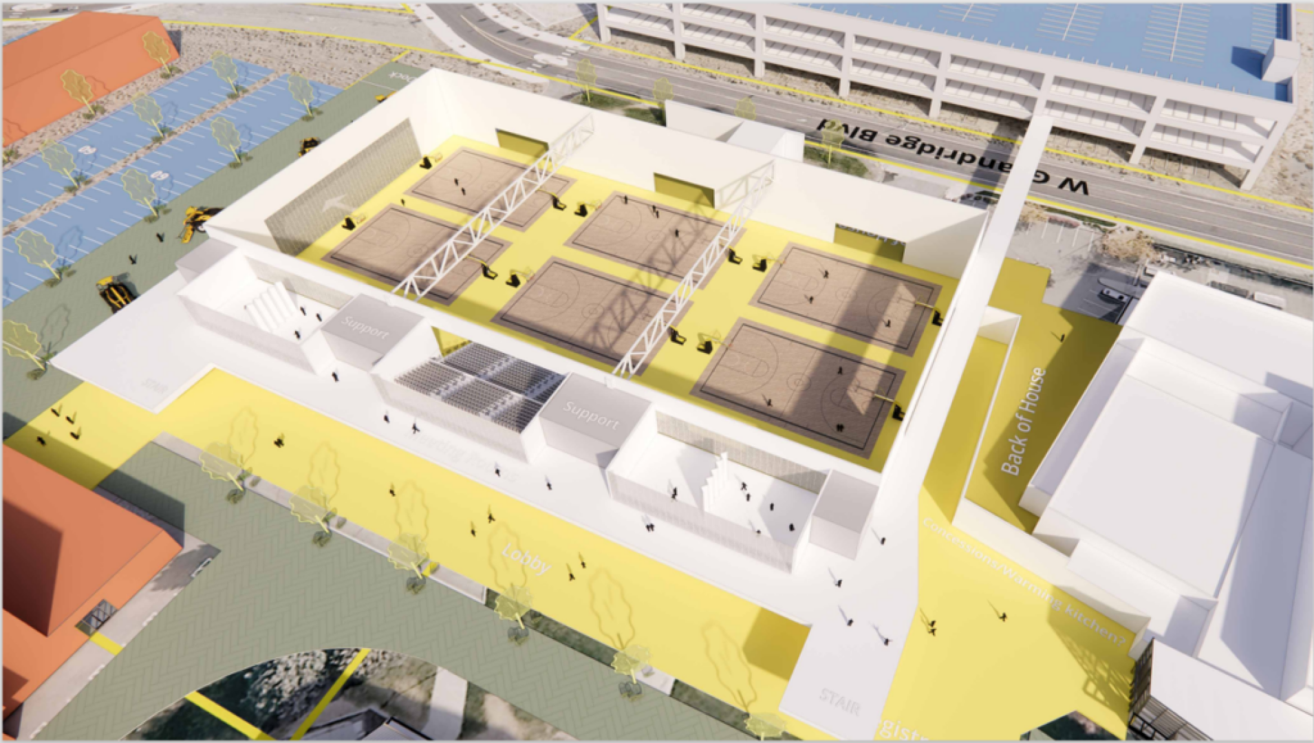 Photo of An Architects rendering of the new development in Kennewick Three Rivers Convention Center showing the new indoor courts