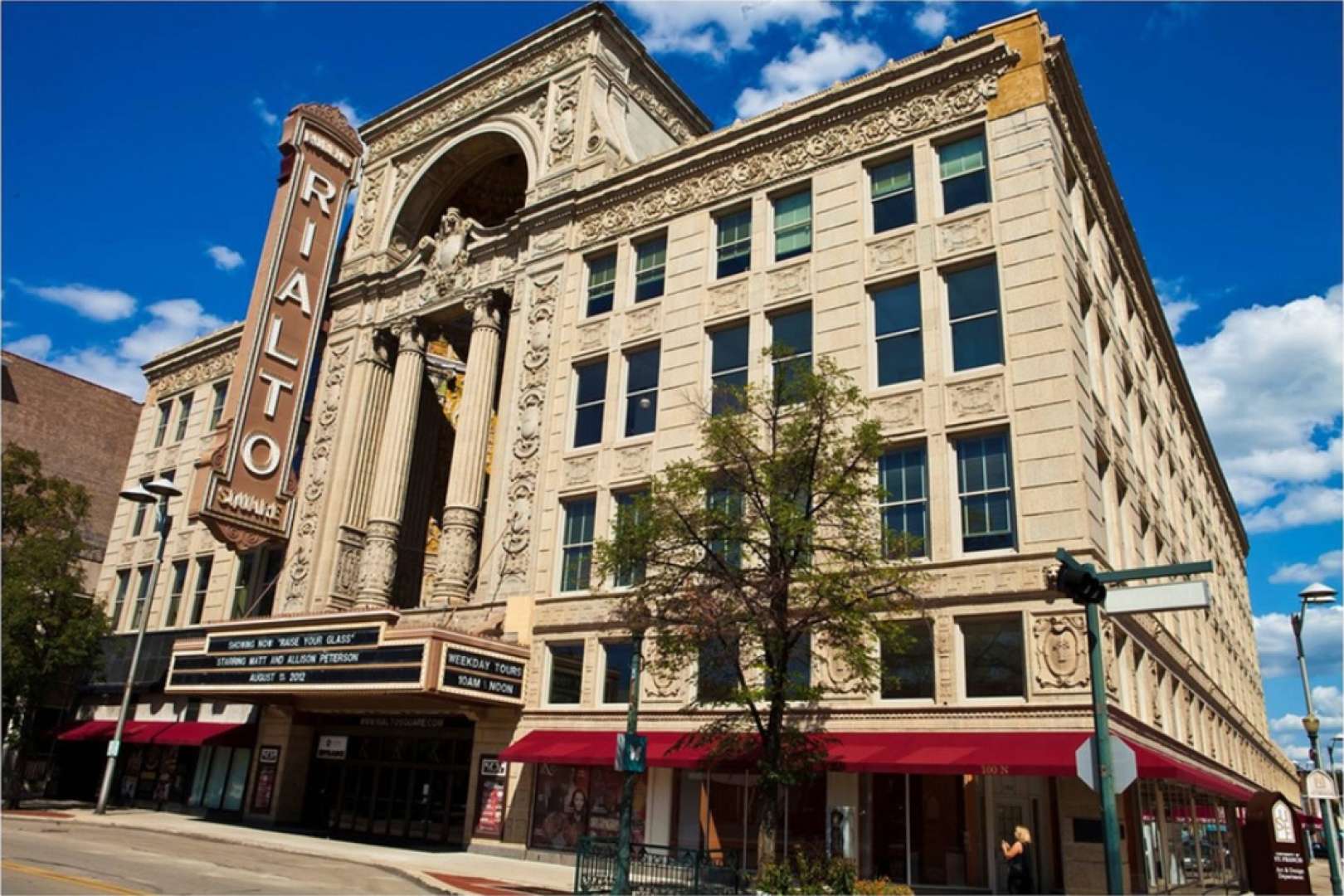 Photo of Rialto Square theater exterior front door and marquee