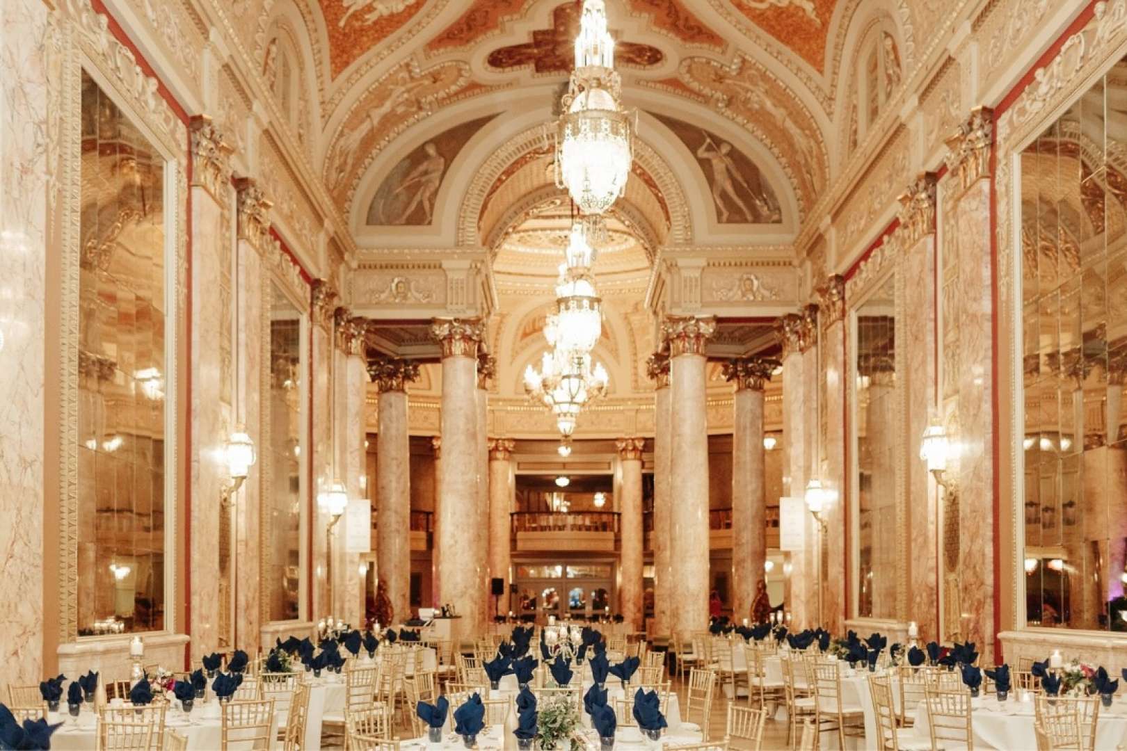 Photo of Rialto Square Theater hall set up for a wedding banquet