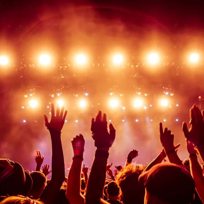 Crowd at a concert with hands in the air