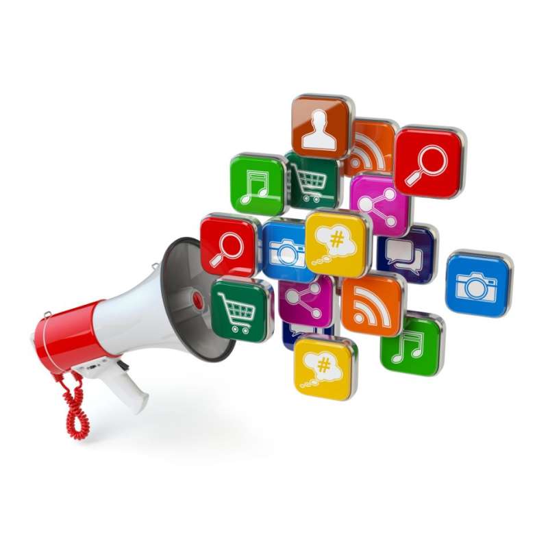 an megaphone with social media icons coming out of the funnel