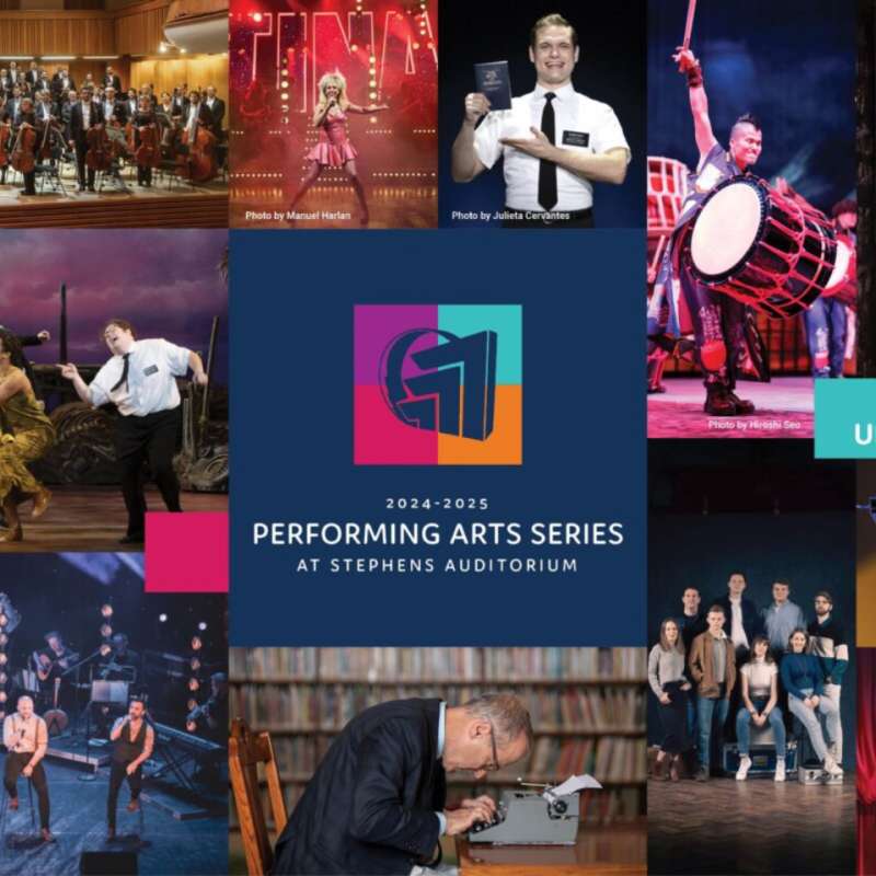 A collage of events advertising a performing arts series