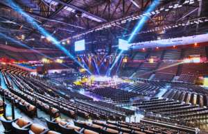 Thumbnail photo of Empty Selland Arena with light show, testing before a concert