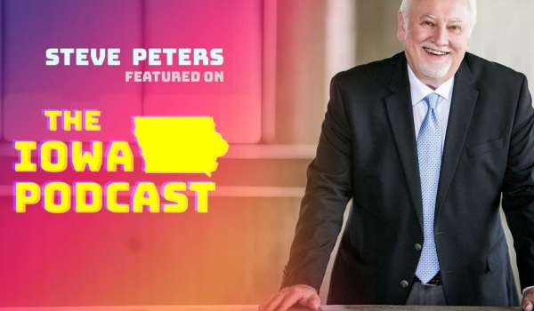an image of CEO and Founder of VenuWorks Steve Peters in a suit with the Iowa Podcast logo on the image