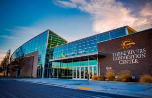 Thumbnail photo of  Three Rivers Convention Center exterior shot of main door and numerica lobby sign