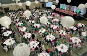 Thumbnail photo of Vicksburg Convention Center tables set for a gala - aerial view