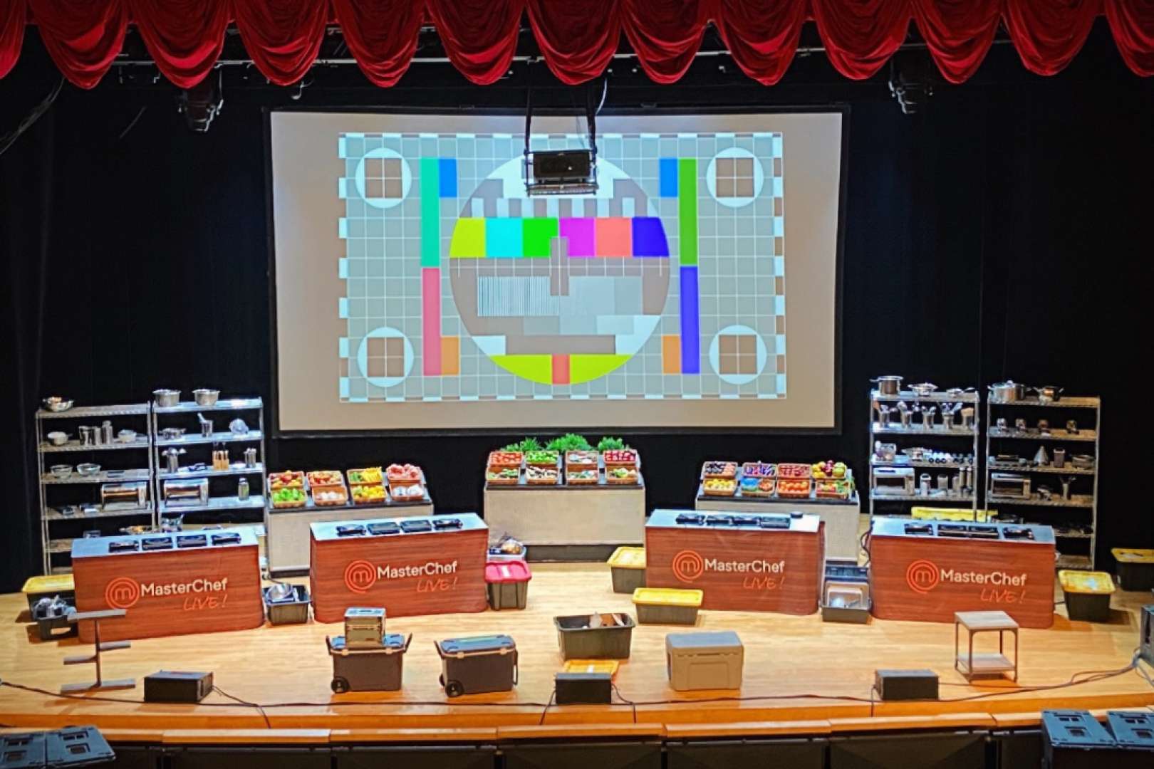 Photo of Victory Theatre stage set up for a TV shoot of MasterChef